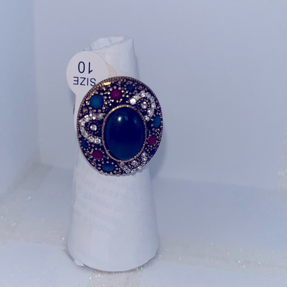 New size 10 Gold toned Bohemian ring w/clear cz crystals, green and red stones